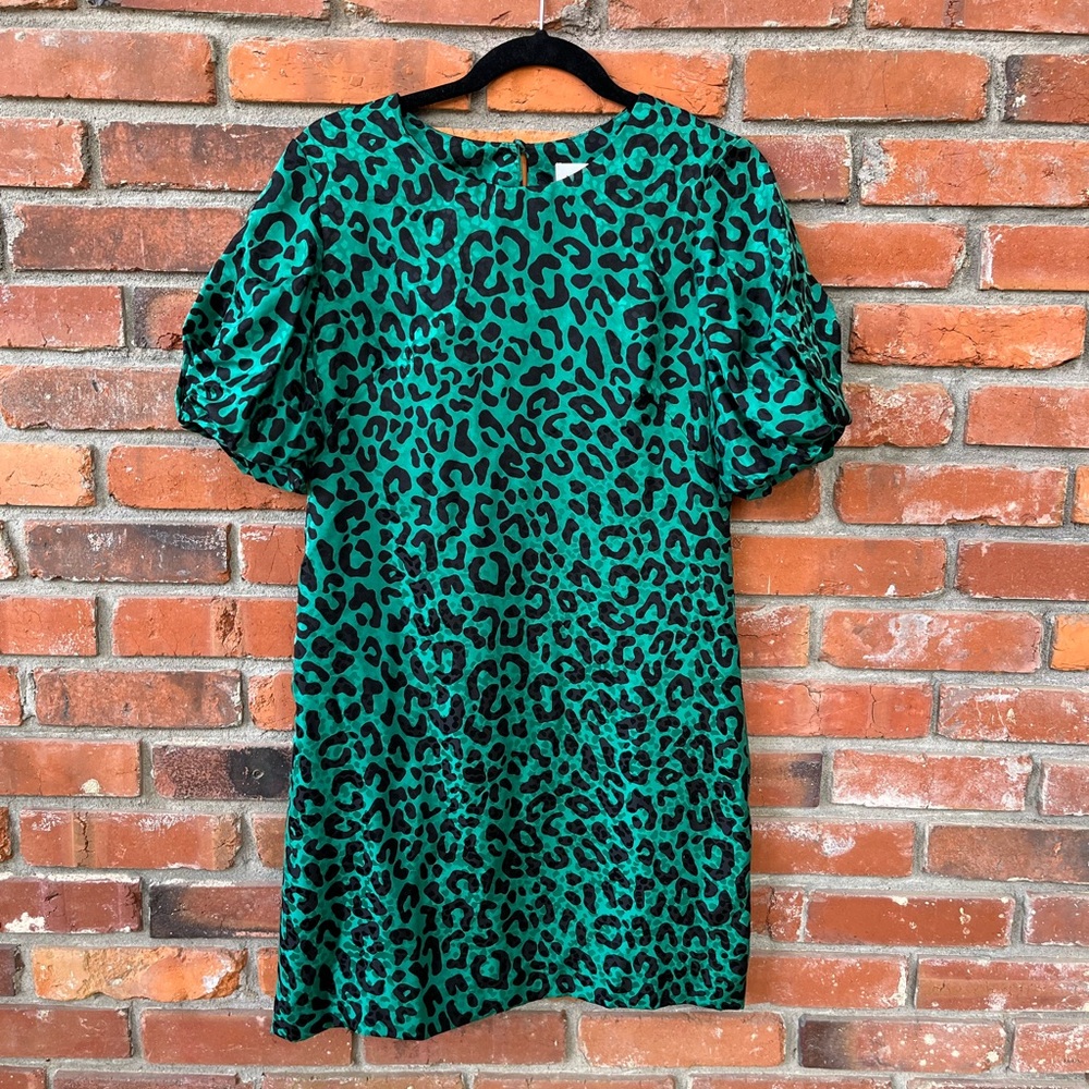 Milly Melinda Silk Emerald Green Leopard Dress Puff Sleeve Size 4